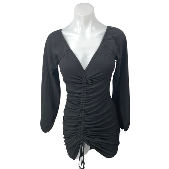 Princess Polly Black Ruched Long Sleeve Deep V Neck Mini Bodycon Dress Size XS/S - Picture 1 of 5